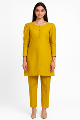 Mustard Glow Coord Set – Puffy Sleeve Shirt + Trousers (2PC)