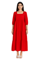 Red Bloom – Cotton Frock with Puffy Sleeves