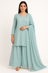 Aqua Blue Elegance – Raw Silk Shirt, Farshi Shalwar & Organza Dupatta (3PC)