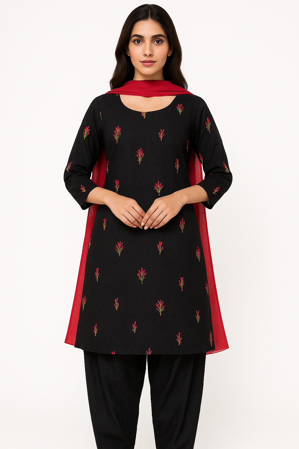 Black Blossom Embroidered Cotton 3PC Dress – Shirt, Shalwar & Dupatta