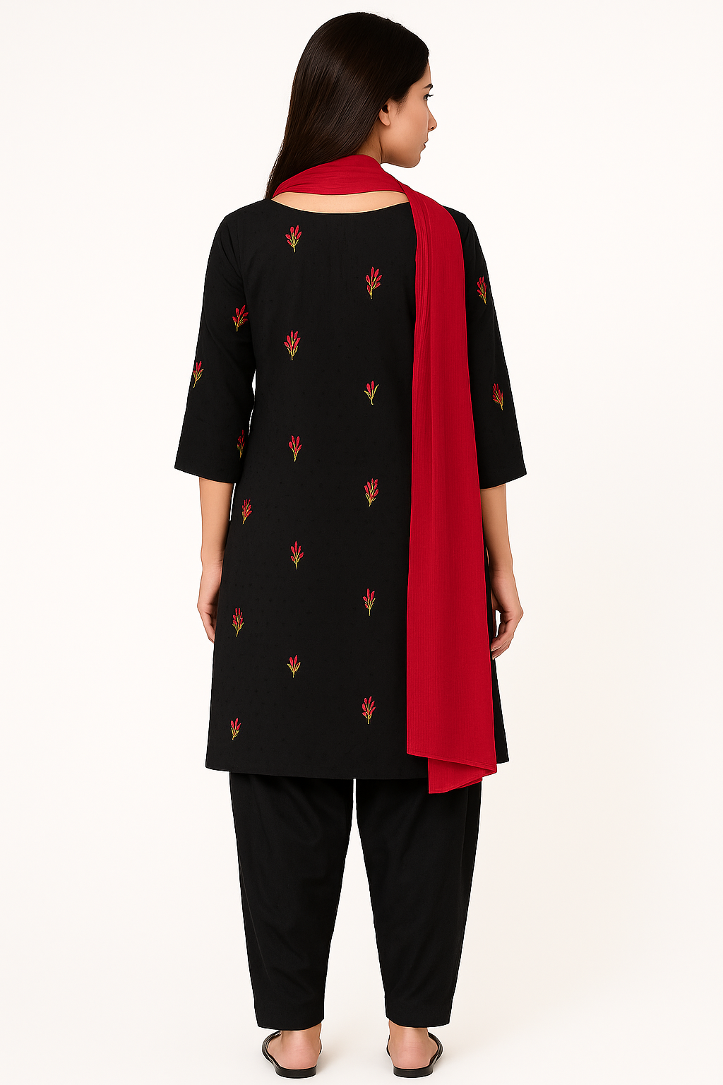 Black Blossom Embroidered Cotton 3PC Dress – Shirt, Shalwar & Dupatta