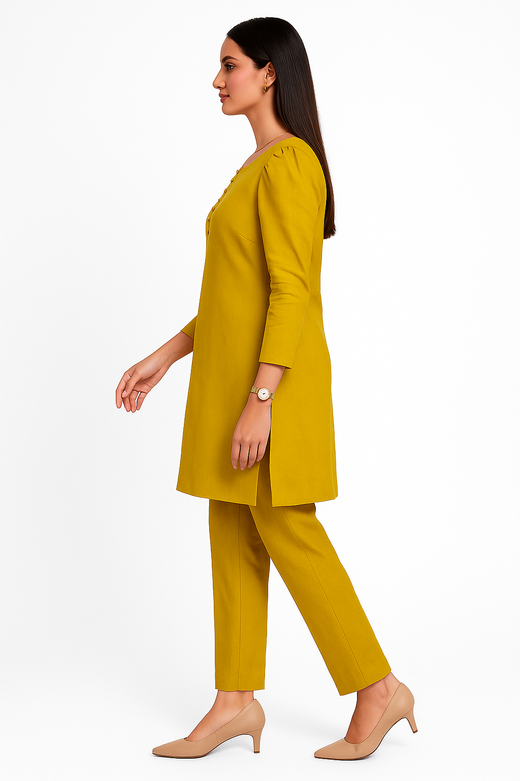 Mustard Glow Coord Set – Puffy Sleeve Shirt + Trousers (2PC)