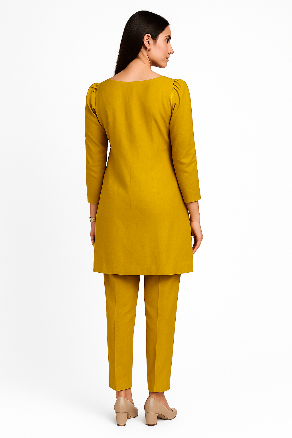 Mustard Glow Coord Set – Puffy Sleeve Shirt + Trousers (2PC)