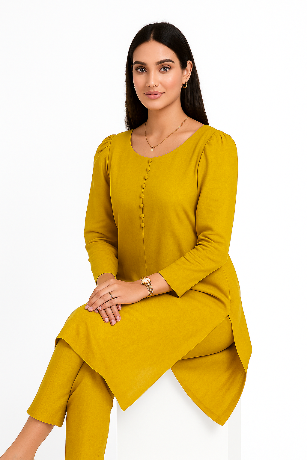 Mustard Glow Coord Set – Puffy Sleeve Shirt + Trousers (2PC)