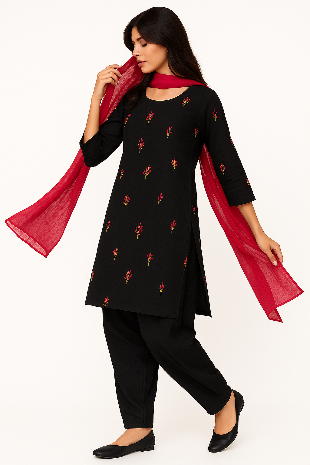 Black Blossom Embroidered Cotton 3PC Dress – Shirt, Shalwar & Dupatta