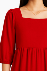 Red Bloom – Cotton Frock with Puffy Sleeves