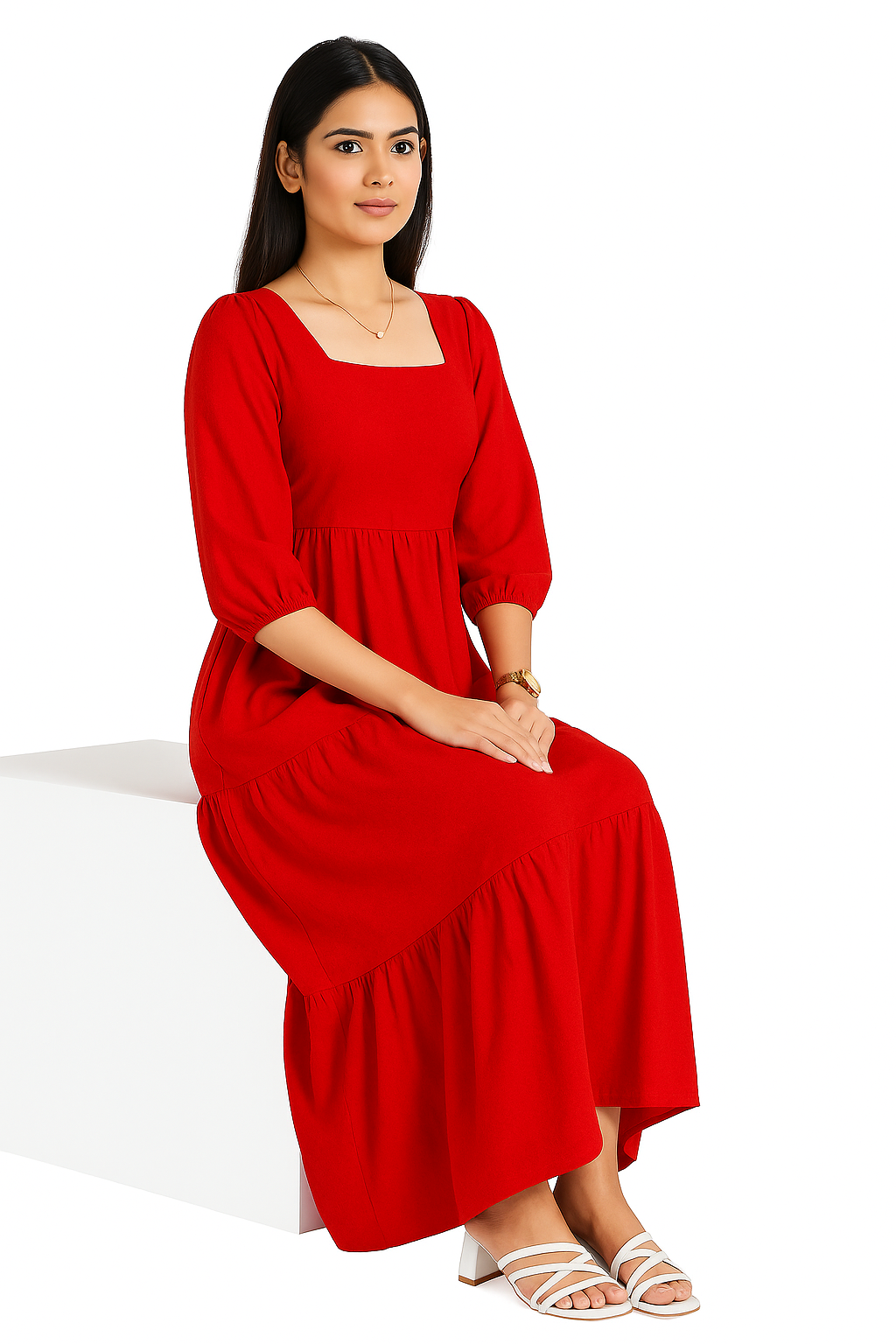Red Bloom – Cotton Frock with Puffy Sleeves