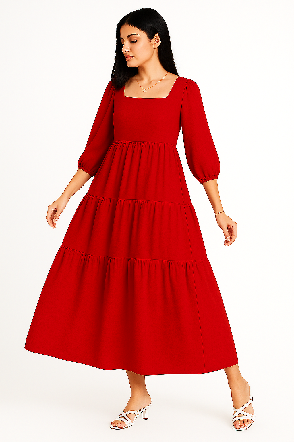 Red Bloom – Cotton Frock with Puffy Sleeves