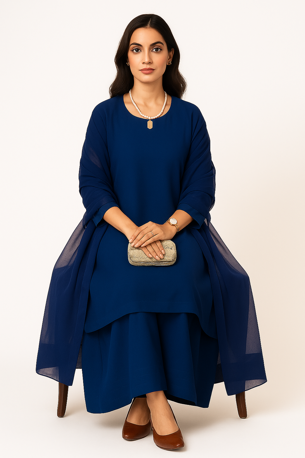Royal Blue Majesty – Raw Silk Shirt, Farshi Shalwar & Organza Dupatta (3PC)