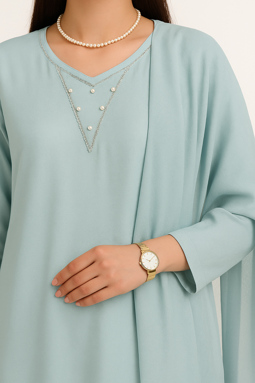 Aqua Blue Elegance – Raw Silk Shirt, Farshi Shalwar & Organza Dupatta (3PC)