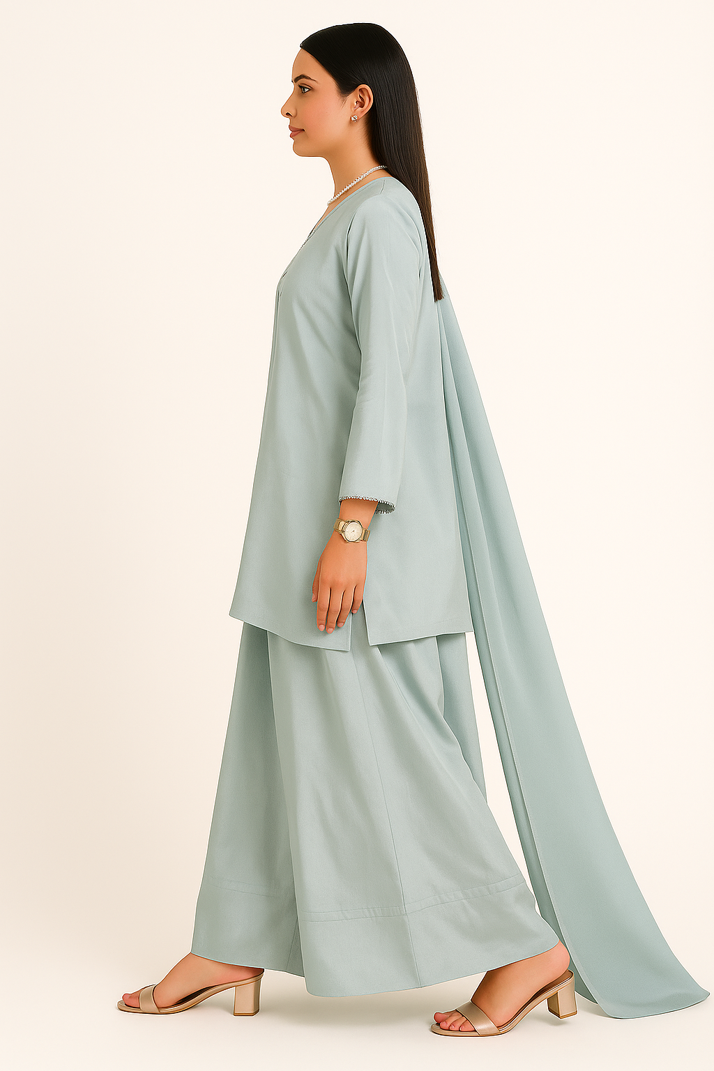 Aqua Blue Elegance – Raw Silk Shirt, Farshi Shalwar & Organza Dupatta (3PC)