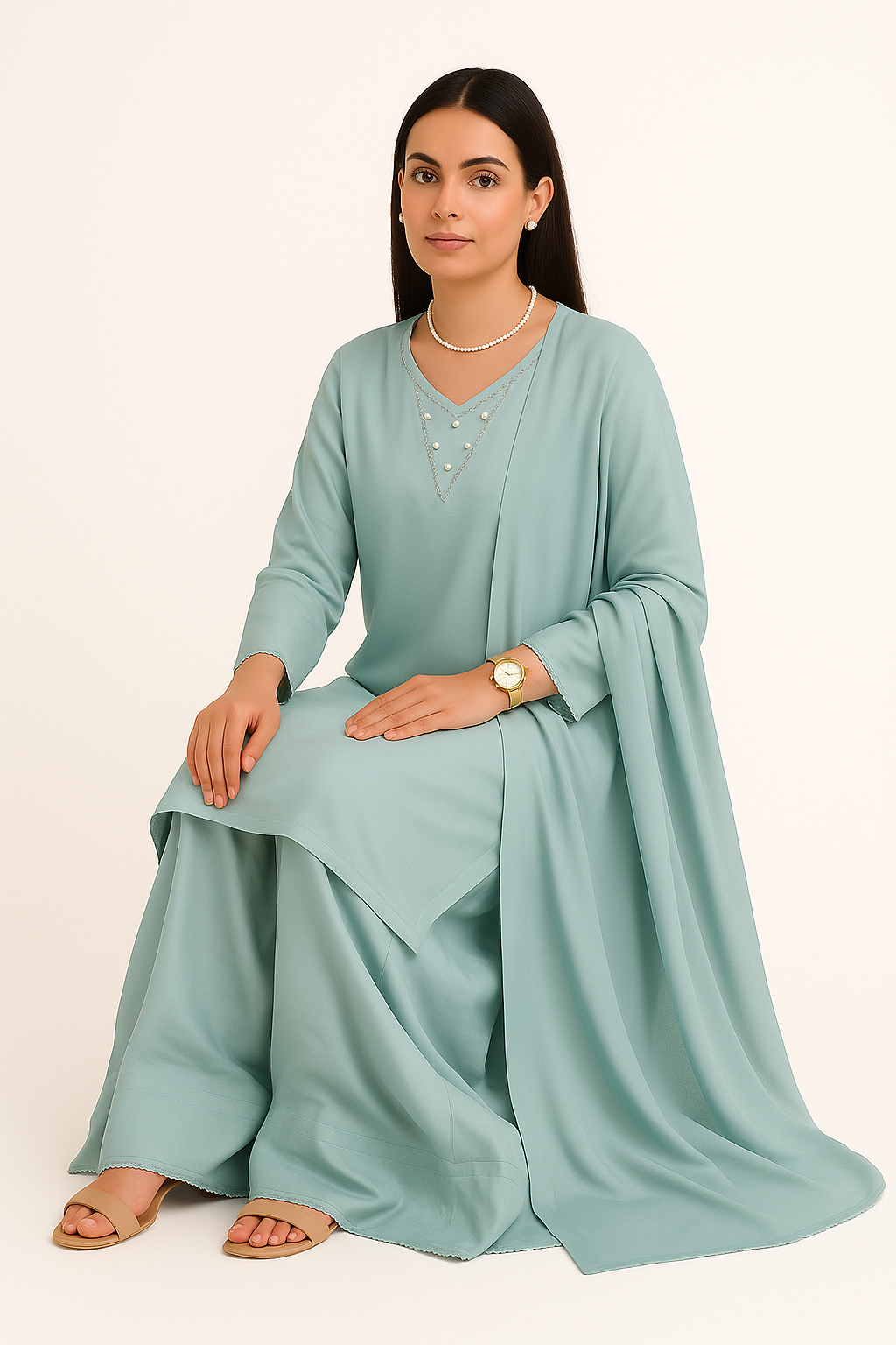 Aqua Blue Elegance – Raw Silk Shirt, Farshi Shalwar & Organza Dupatta (3PC)
