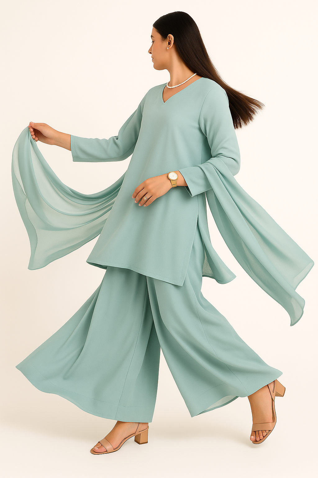 Aqua Blue Elegance – Raw Silk Shirt, Farshi Shalwar & Organza Dupatta (3PC)