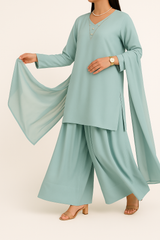 Aqua Blue Elegance – Raw Silk Shirt, Farshi Shalwar & Organza Dupatta (3PC)