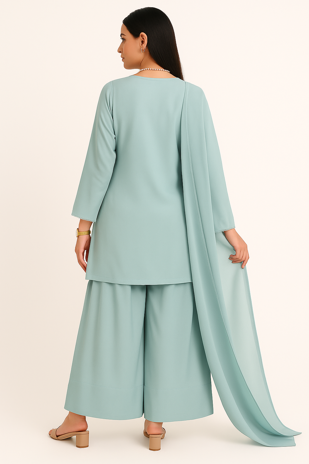 Aqua Blue Elegance – Raw Silk Shirt, Farshi Shalwar & Organza Dupatta (3PC)