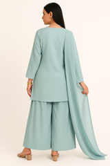 Aqua Blue Elegance – Raw Silk Shirt, Farshi Shalwar & Organza Dupatta (3PC)