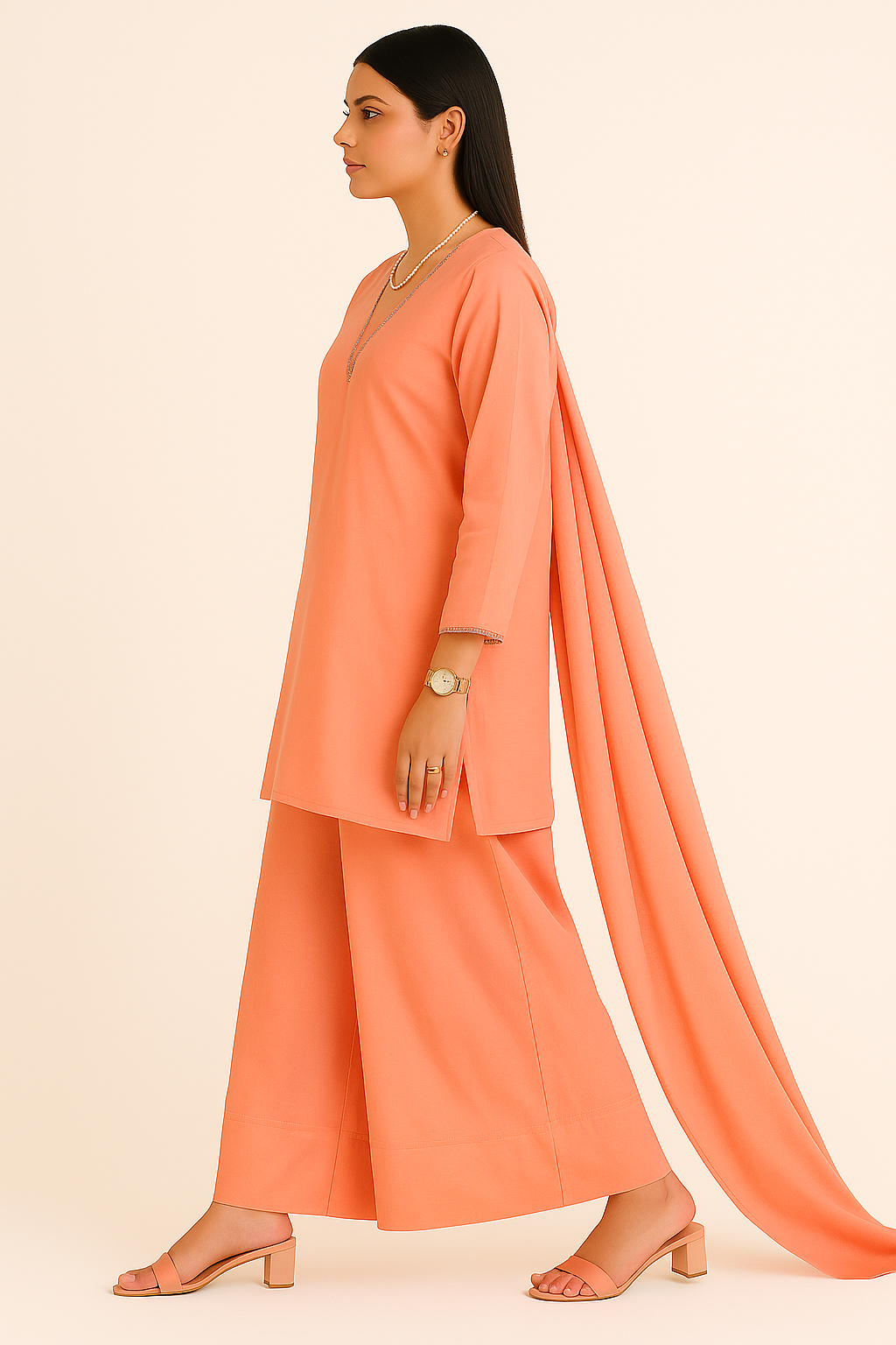 Peach Charm – Raw Silk Shirt, Farshi Shalwar & Organza Dupatta (3PC)
