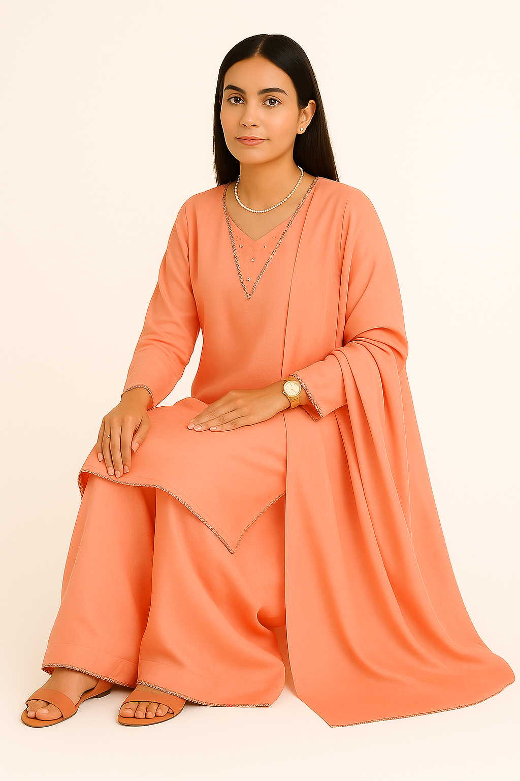 Peach Charm – Raw Silk Shirt, Farshi Shalwar & Organza Dupatta (3PC)
