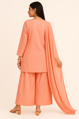 Peach Charm – Raw Silk Shirt, Farshi Shalwar & Organza Dupatta (3PC)