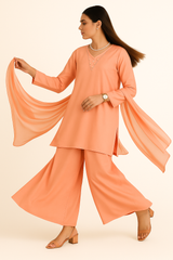 Peach Charm – Raw Silk Shirt, Farshi Shalwar & Organza Dupatta (3PC)