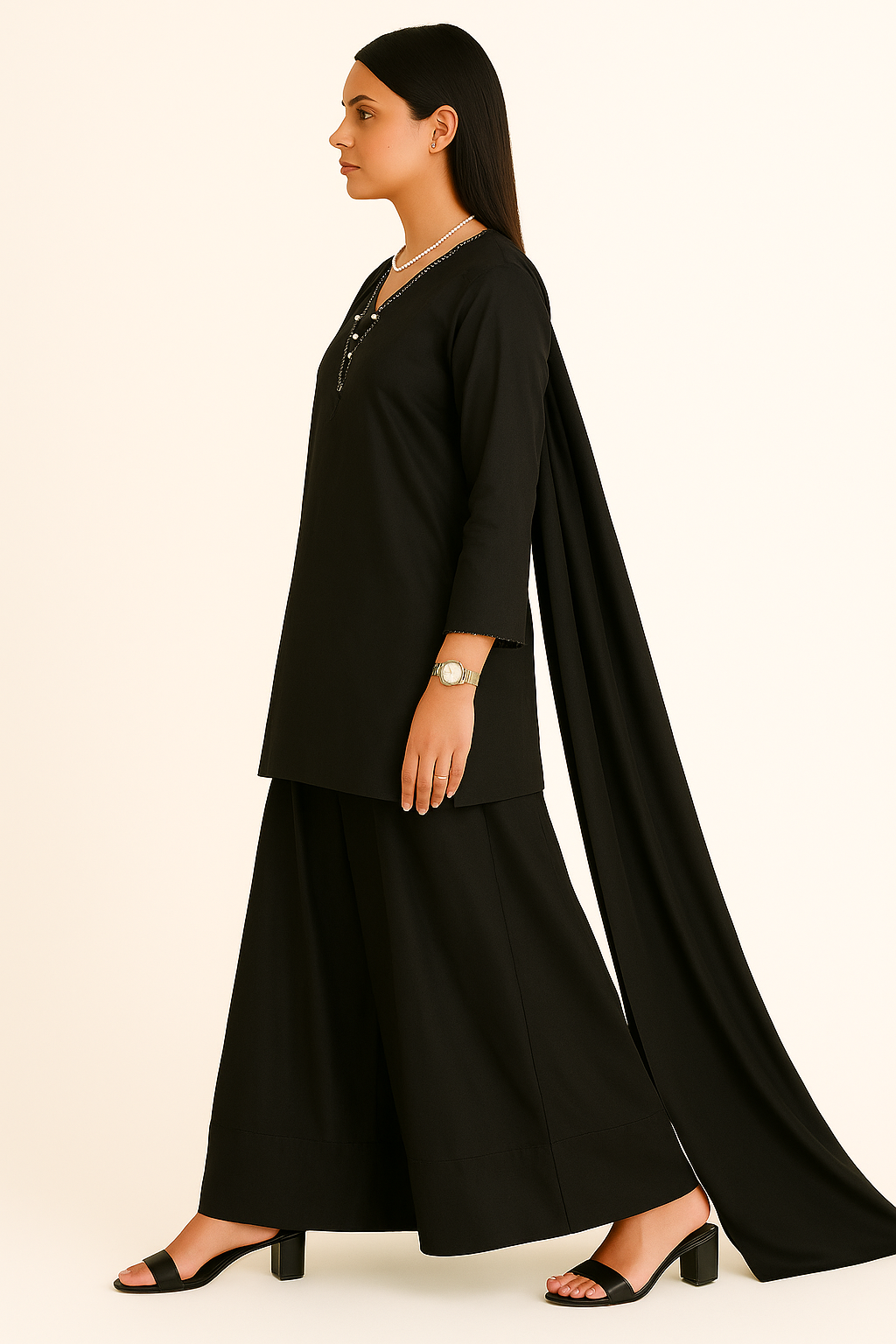 Black Grace – Raw Silk Shirt, Farshi Shalwar & Organza Dupatta (3PC)