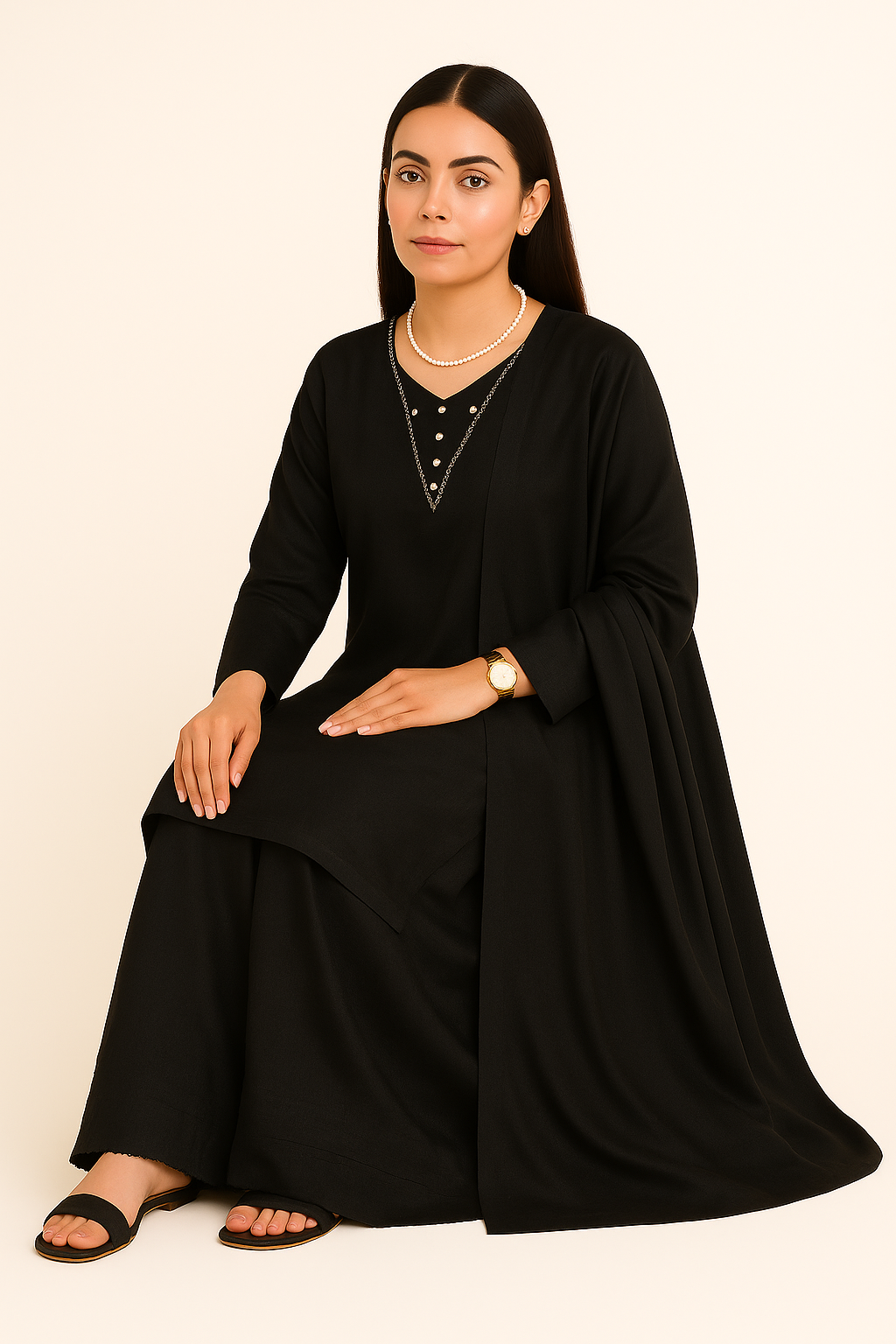Black Grace – Raw Silk Shirt, Farshi Shalwar & Organza Dupatta (3PC)