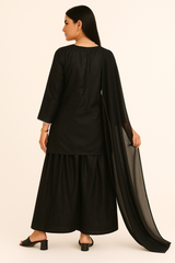 Black Grace – Raw Silk Shirt, Farshi Shalwar & Organza Dupatta (3PC)