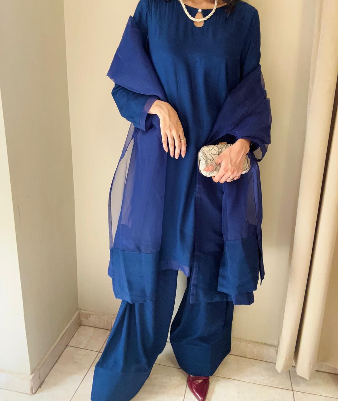 Royal Blue Majesty – Raw Silk Shirt, Farshi Shalwar & Organza Dupatta (3PC)