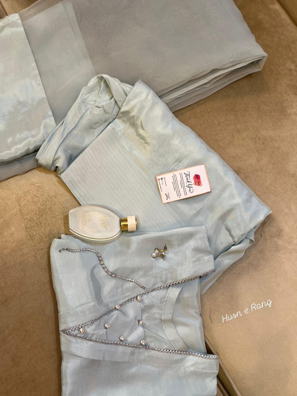 Aqua Blue Elegance – Raw Silk Shirt, Farshi Shalwar & Organza Dupatta (3PC)