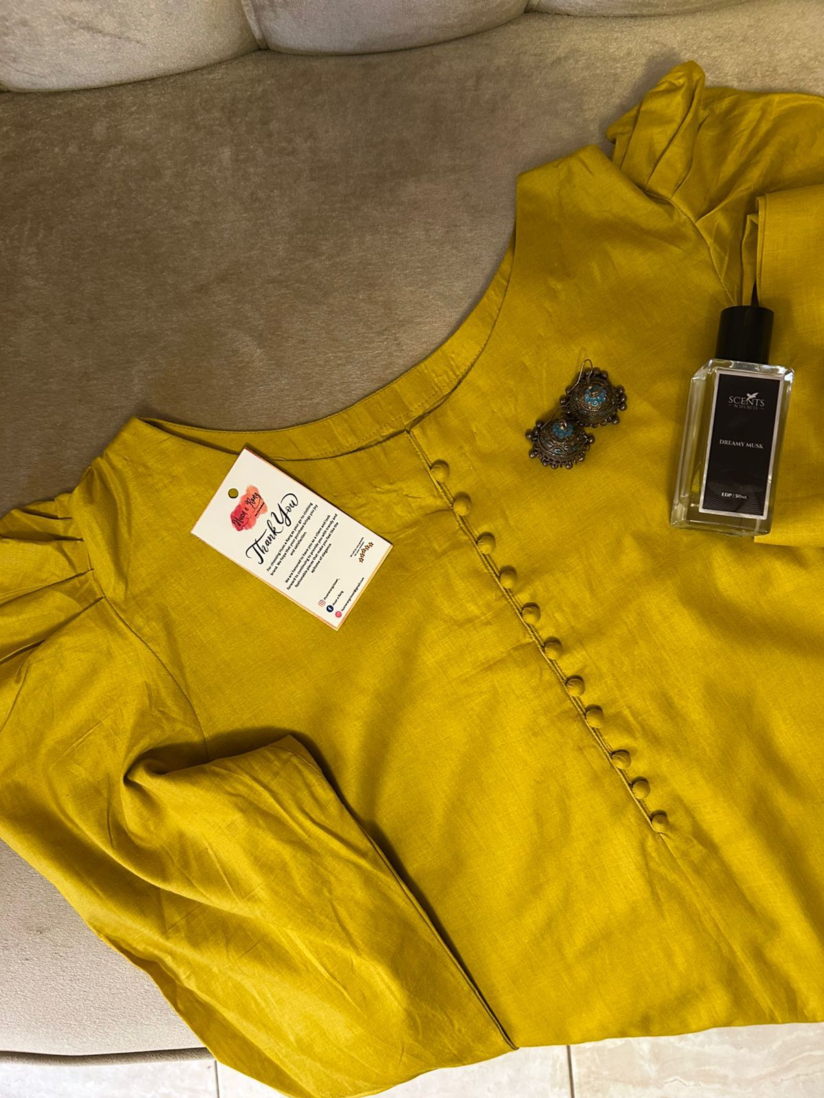 Mustard Glow Coord Set – Puffy Sleeve Shirt + Trousers (2PC)